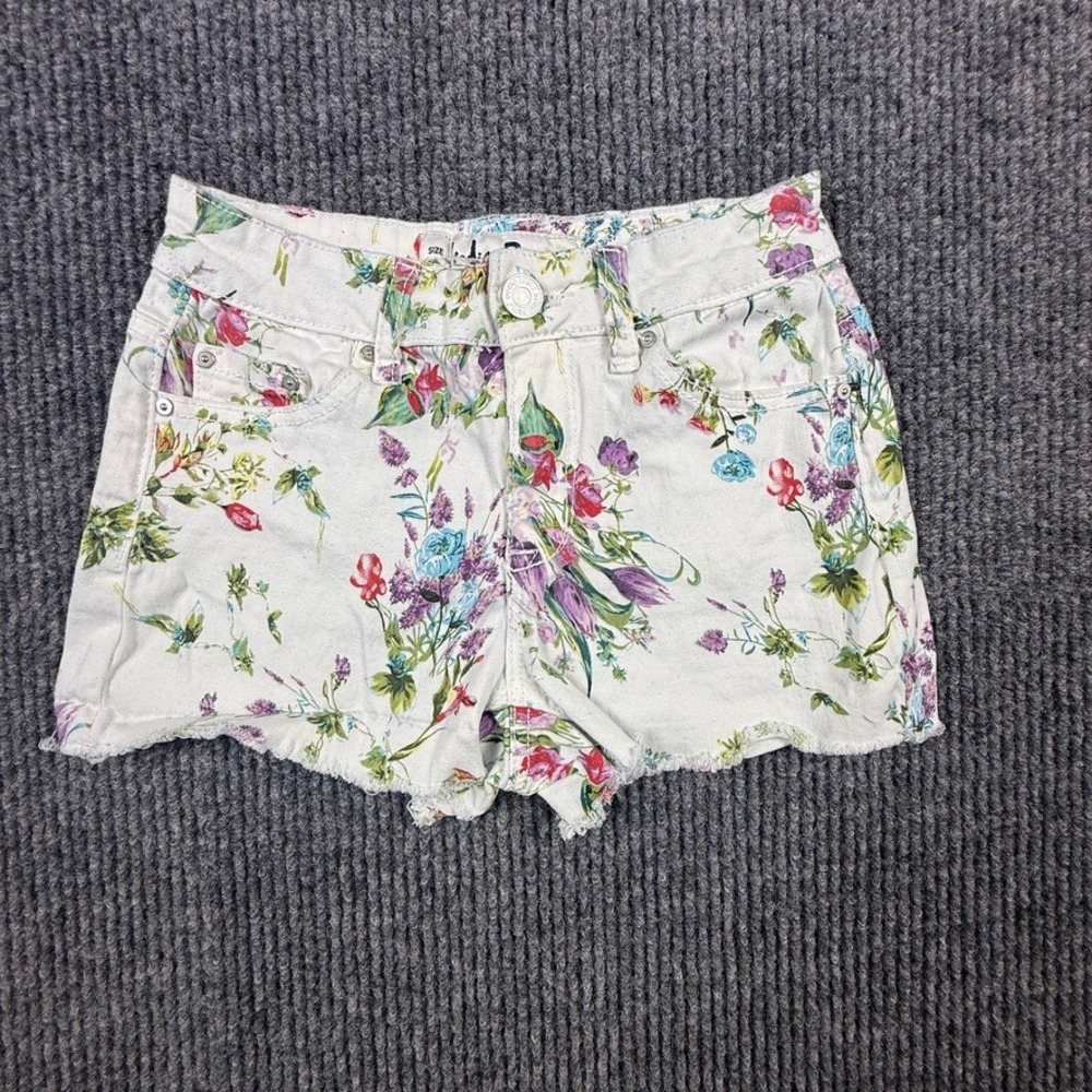 Indigo‎ Rein Floral Denim Shorts White Multi Color Raw Hem Size 1 Waist 26
